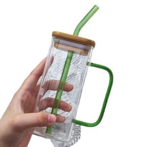 Square colored handle cup glass straw cup with lid